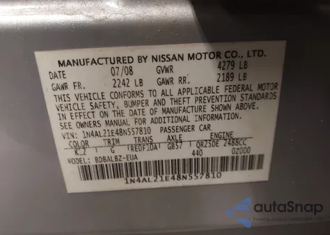 2008 Nissan Altima 2.5 S z USA, uszkodzony, nr VIN 1N4AL21E48N557810